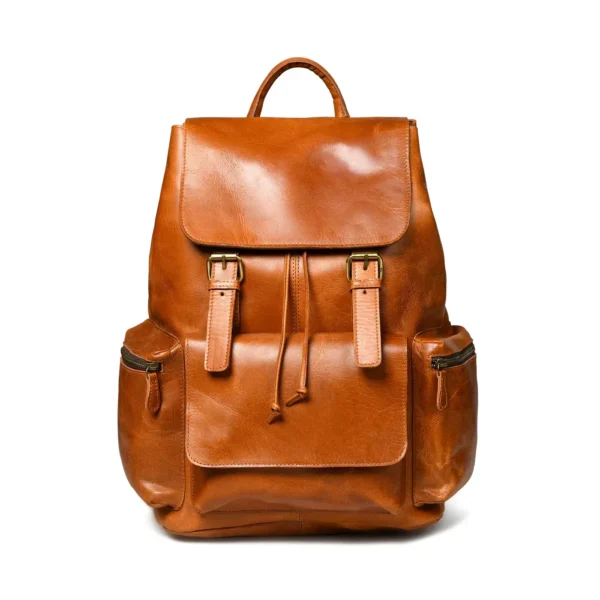 Tewtiw Unisex Tan Brown Buffalo Leather 16-Inch Backpack